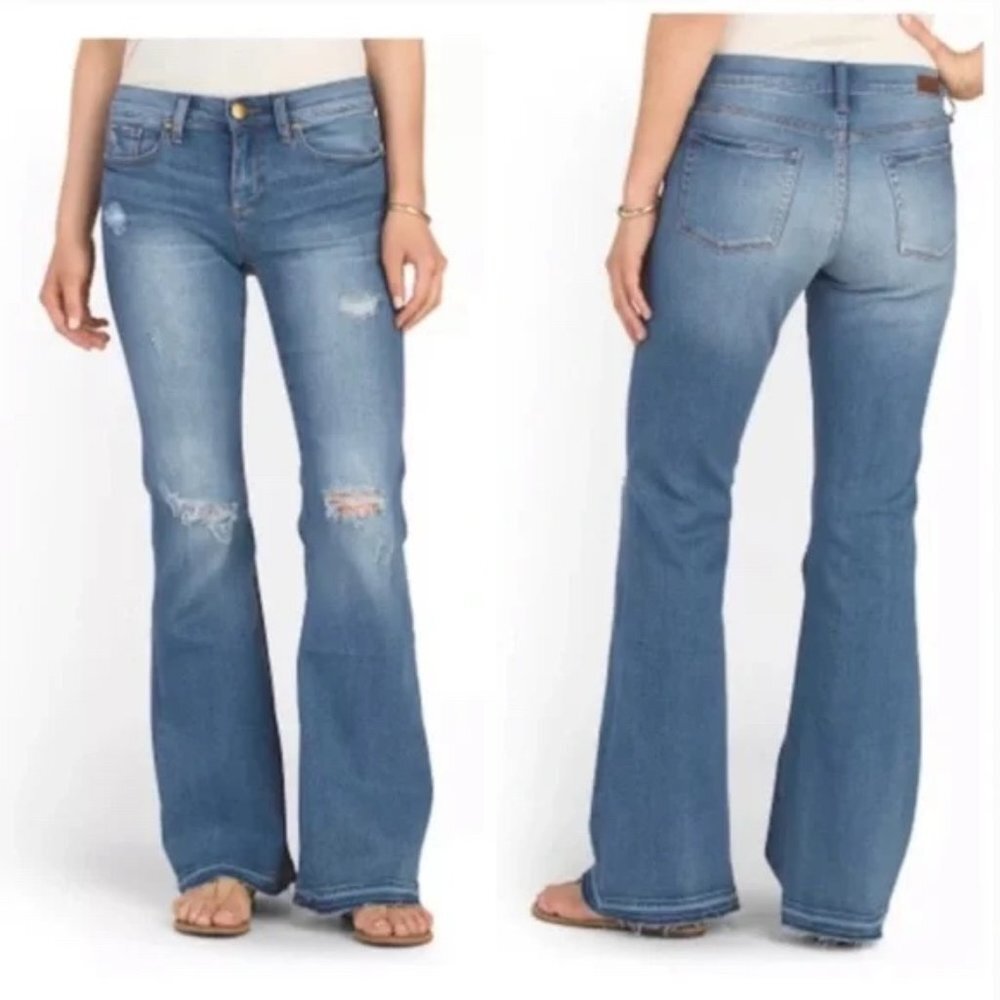 Greywire Distressed Flare Jeans Raw Hem Medium Wash Size 24 EUC D2363